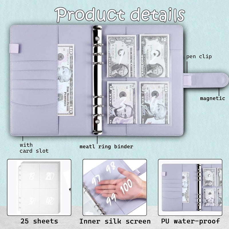 MUQING 100 Envelopes Money Saving Challenge Binder, Inside Sheets Silkscreen, Reusable Tracker, Money Saving $5050 Binder (Purple) - Image 4